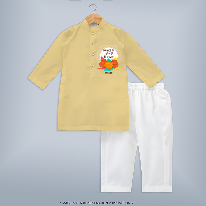 Happy Holi - Pichkari Ki Shakti, Rangon Ki Barsaat With Our Customized Kurta Set For Kids With Name - YELLOW - 3 - 6 Months Old (Chest 24", Kurta Length 14'', Waist 19", Pant Length 14")