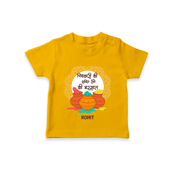 Pichkari Ki Shakti Holi T-Shirt – Personalized Kids Festival T-Shirt - CHROME YELLOW - 0-5 Months Old (Chest 17")