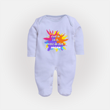 Happy Holi - Holi Ke Rang Mein, Pyaar Ke Sang With Our Customized Sleep Suit For Babies With Name - BABY BLUE - New Born (Chest 7.5")