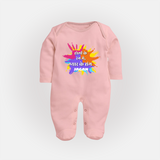 Happy Holi - Holi Ke Rang Mein, Pyaar Ke Sang With Our Customized Sleep Suit For Babies With Name - BABY PINK - New Born (Chest 7.5")