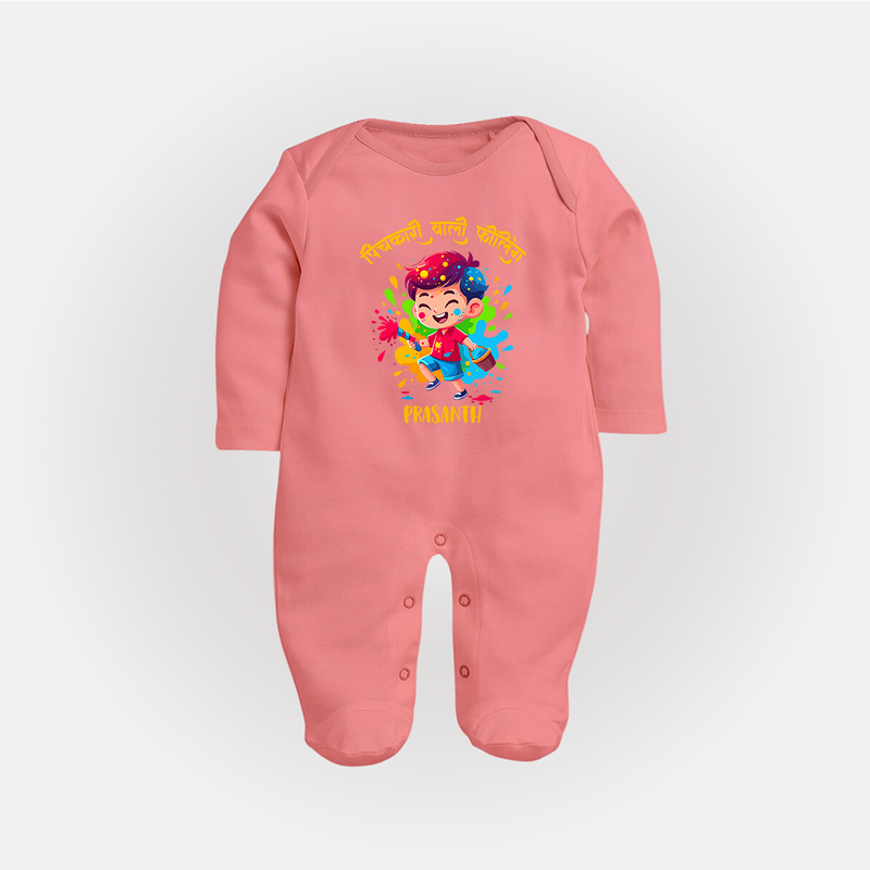 Happy Holi - Pichkari Wali Feeling With Our Customized Sleep Suit For Babies With Name - PEACH - New Born (Chest 7.5")