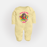 Holi Celebration - Pichkari Wali Feeling With Our Customized Sleep Suit For Babies With Name - PASTEL YELLOW - New Born (Chest 7.5")