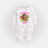 Holi Celebration - Pichkari Wali Feeling With Our Customized Sleep Suit For Babies With Name - WHITE - New Born (Chest 7.5")