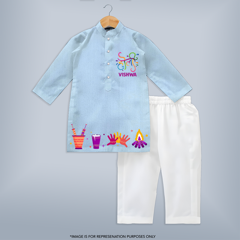 Happy Holi - Splash into Colors with Our Customized Kurta Set with kids Name - SKY BLUE - 3 - 6 Months Old (Chest 24", Kurta Length 14'', Waist 19", Pant Length 14")