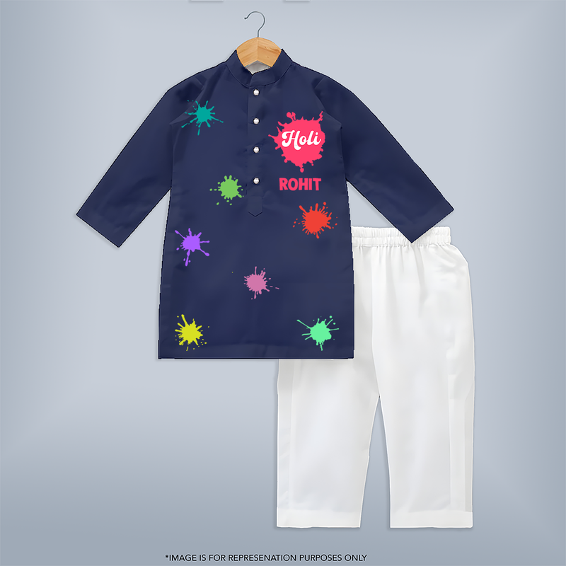 Holi Hai! Let the Colors Speak with Our Customized Kurta Set with kids Name - NAVY BLUE - 3 - 6 Months Old (Chest 24", Kurta Length 14'', Waist 19", Pant Length 14")