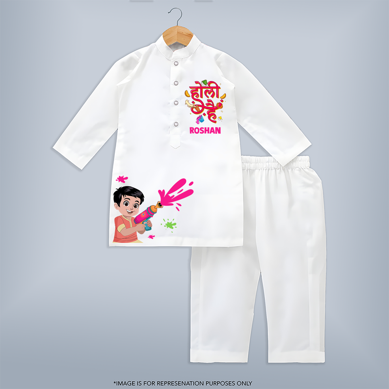 Dipped in Colors - Happy Holi Vibes with Our Customized Kurta Set with kids Name - WHITE - 3 - 6 Months Old (Chest 24", Kurta Length 14'', Waist 19", Pant Length 14")