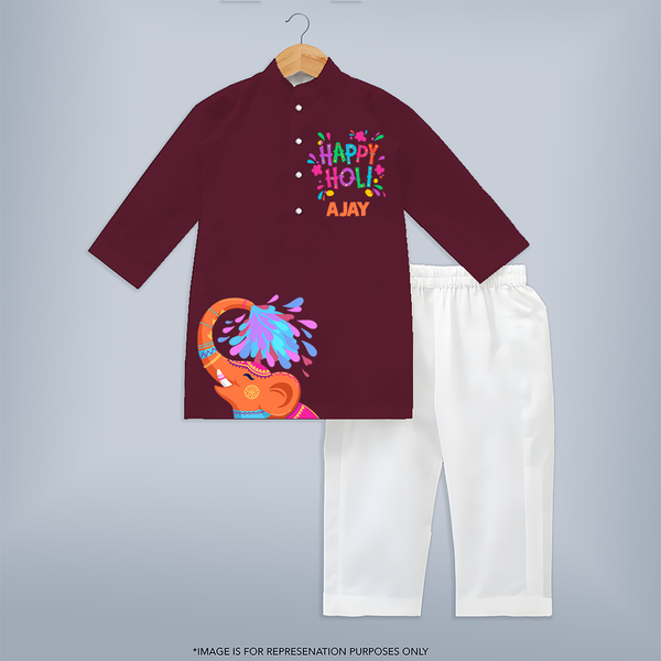 Let the Colors of Holi Brighten Your Life with Our Customized Kurta Set with kids Name - MAROON - 3 - 6 Months Old (Chest 24", Kurta Length 14'', Waist 19", Pant Length 14")