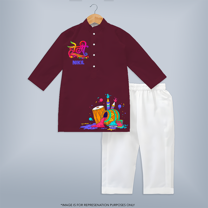 Celebrate Holi with Colors of Happiness with Our Customized Kurta Set with kids Name - MAROON - 3 - 6 Months Old (Chest 24", Kurta Length 14'', Waist 19", Pant Length 14")