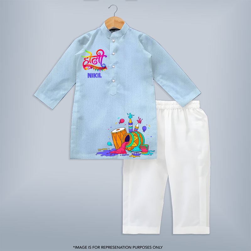 Celebrate Holi with Colors of Happiness with Our Customized Kurta Set with kids Name - SKY BLUE - 3 - 6 Months Old (Chest 24", Kurta Length 14'', Waist 19", Pant Length 14")