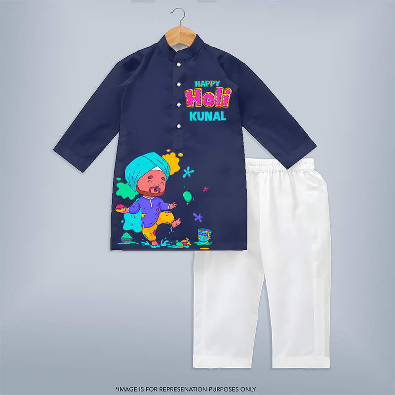 Play, Laugh & Splash - Happy Holi with Our Customized Kurta Set with kids Name - NAVY BLUE - 3 - 6 Months Old (Chest 24", Kurta Length 14'', Waist 19", Pant Length 14")