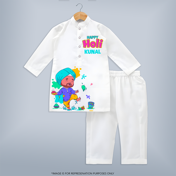 Play, Laugh & Splash - Happy Holi with Our Customized Kurta Set with kids Name - WHITE - 3 - 6 Months Old (Chest 24", Kurta Length 14'', Waist 19", Pant Length 14")