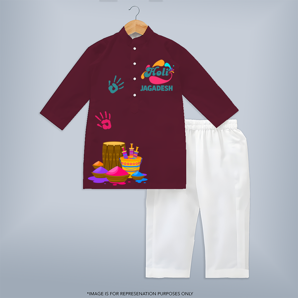 Color Me Happy - Holi Festive Vibes with Our Customized Kurta Set with kids Name - MAROON - 3 - 6 Months Old (Chest 24", Kurta Length 14'', Waist 19", Pant Length 14")