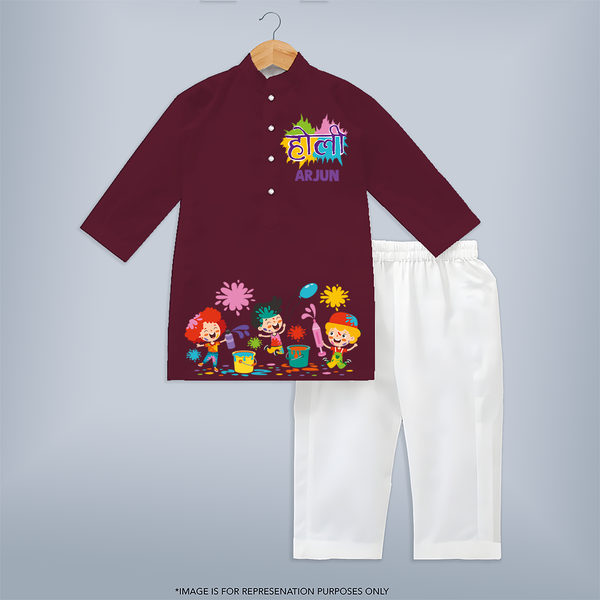 “Holi Hai” Custom Kids Kurta   - MAROON - 3 - 6 Months Old (Chest 24", Kurta Length 14'', Waist 19", Pant Length 14")