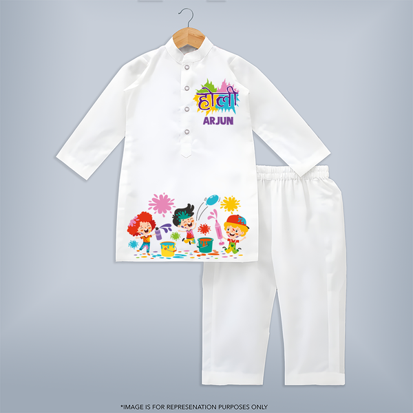 “Holi Hai” Custom Kids Kurta   - WHITE - 3 - 6 Months Old (Chest 24", Kurta Length 14'', Waist 19", Pant Length 14")
