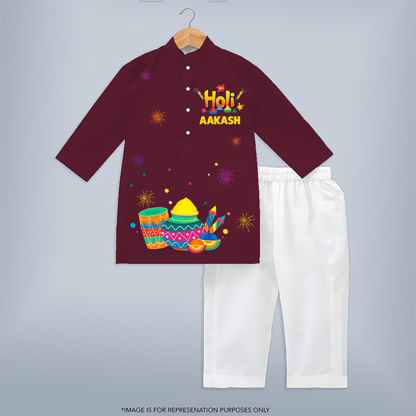 Smiles, Colors & Happiness - Happy Holi with Our Customized Kurta Set with kids Name - MAROON - 3 - 6 Months Old (Chest 24", Kurta Length 14'', Waist 19", Pant Length 14")