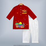 Smiles, Colors & Happiness - Happy Holi with Our Customized Kurta Set with kids Name - RED - 3 - 6 Months Old (Chest 24", Kurta Length 14'', Waist 19", Pant Length 14")