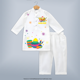 Smiles, Colors & Happiness - Happy Holi with Our Customized Kurta Set with kids Name - WHITE - 3 - 6 Months Old (Chest 24", Kurta Length 14'', Waist 19", Pant Length 14")