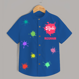 Happy Holi - Splash into Colors with Our Customized Shirt with kids Name - COBALT BLUE - 0 - 6 Months Old (Chest 23")