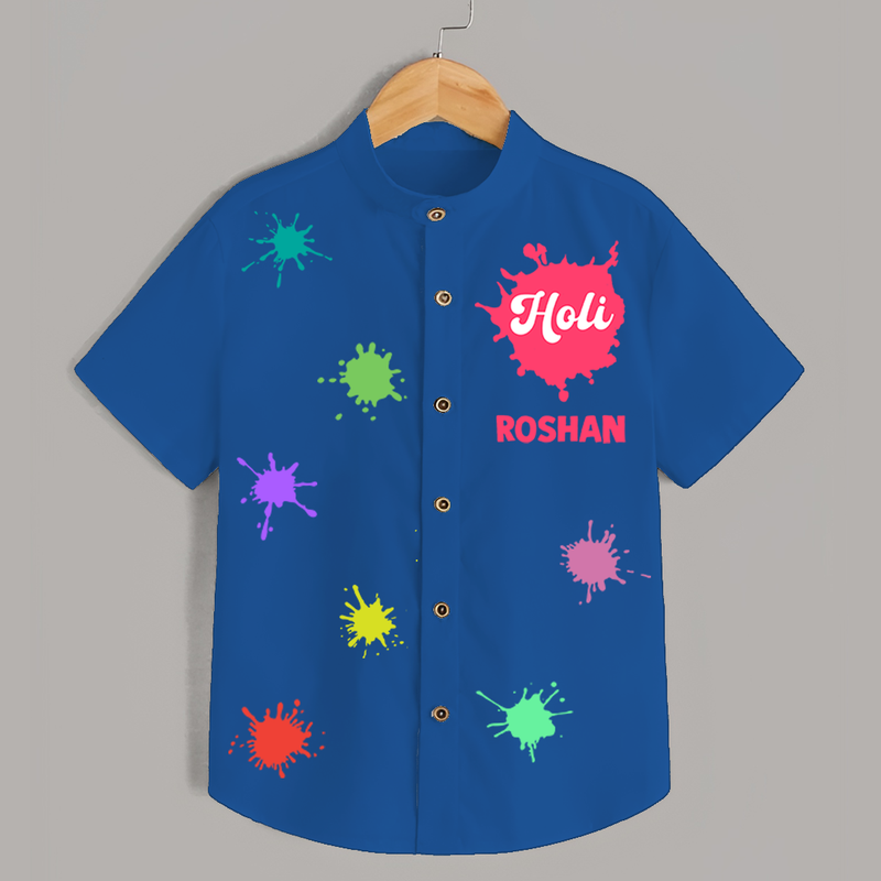 Happy Holi - Splash into Colors with Our Customized Shirt with kids Name - COBALT BLUE - 0 - 6 Months Old (Chest 23")