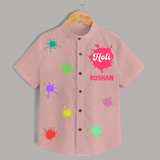 Happy Holi - Splash into Colors with Our Customized Shirt with kids Name - PEACH - 0 - 6 Months Old (Chest 23")