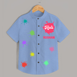 Happy Holi - Splash into Colors with Our Customized Shirt with kids Name - SKY BLUE - 0 - 6 Months Old (Chest 23")