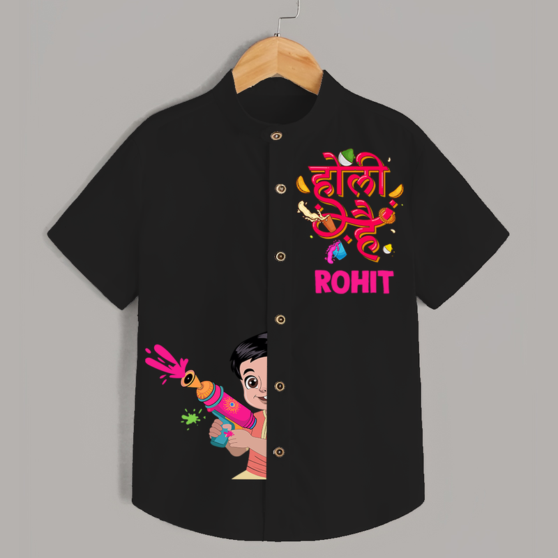 Dipped in Colors - Happy Holi Vibes with Our Customized Shirt with kids Name - BLACK - 0 - 6 Months Old (Chest 23")