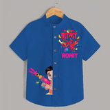 Dipped in Colors - Happy Holi Vibes with Our Customized Shirt with kids Name - COBALT BLUE - 0 - 6 Months Old (Chest 23")