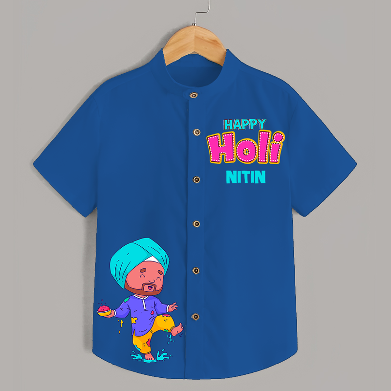 Holi Magic - A Festival of Fun & Colors with Our Customized Shirt with kids Name - COBALT BLUE - 0 - 6 Months Old (Chest 23")