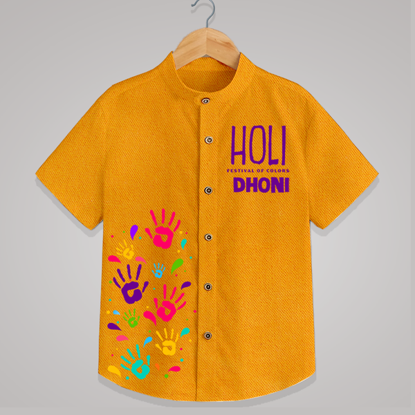 Holi – Festival of Colors Personalized Boys Shirt - CHROME YELLOW - 0 - 6 Months Old (Chest 23")