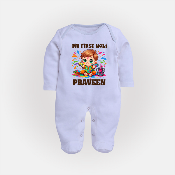 My First Holi Boy version Fullbody Suit – Custom - BABY BLUE - New Born (Chest 7.5")