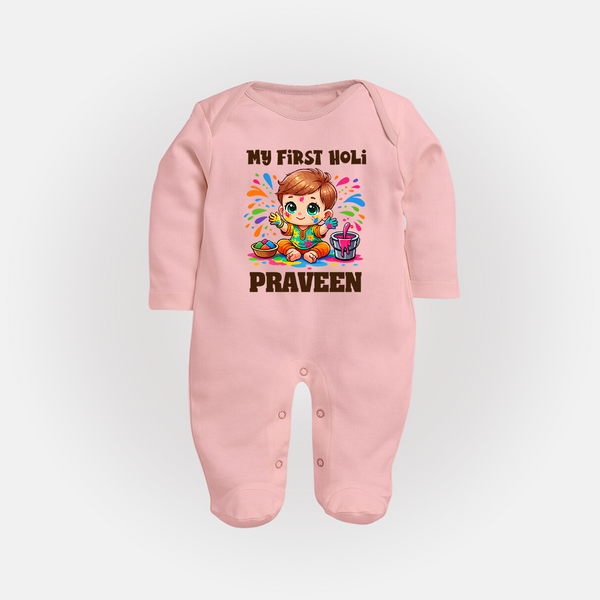 My First Holi Boy version Fullbody Suit – Custom - BABY PINK - New Born (Chest 7.5")