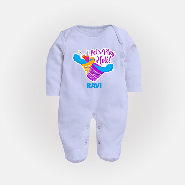 Lets play Holi Customized Name Fullbody Suit - BABY BLUE - New Born (Chest 7.5")