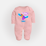 Lets play Holi Customized Name Fullbody Suit - BABY PINK - New Born (Chest 7.5")