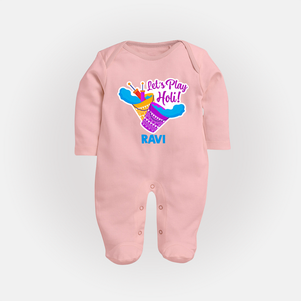 Lets play Holi Customized Name Fullbody Suit - BABY PINK - New Born (Chest 7.5")