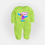 Lets play Holi Customized Name Fullbody Suit - LIME GREEN - New Born (Chest 7.5")
