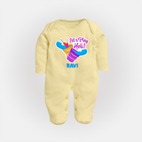 Lets play Holi Customized Name Fullbody Suit - PASTEL YELLOW - New Born (Chest 7.5")