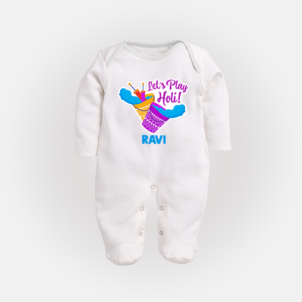Lets play Holi Customized Name Fullbody Suit - WHITE - New Born (Chest 7.5")