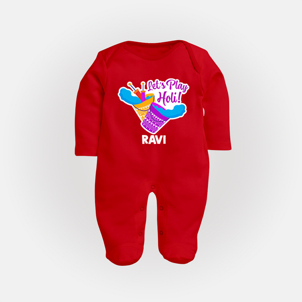 Lets play Holi Customized Name Fullbody Suit - RED - New Born (Chest 7.5")