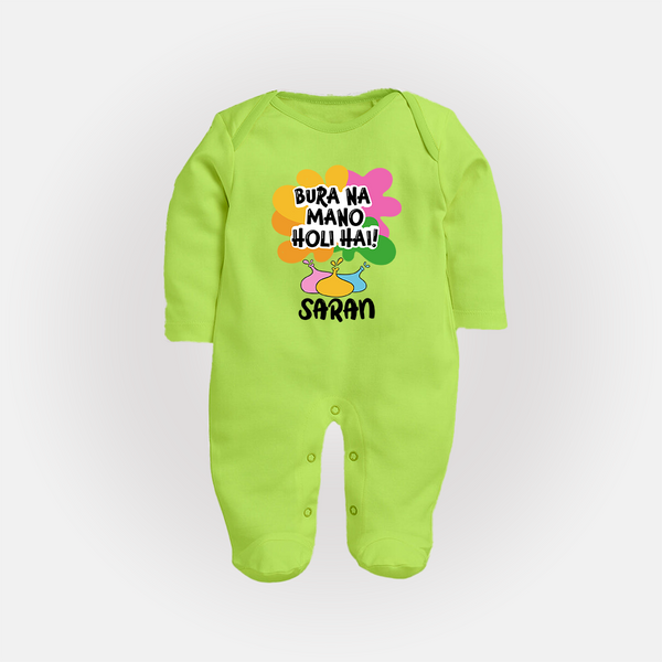 Bura Na Mano Holi Hai Personalized Kids Fullbody Suit - LIME GREEN - New Born (Chest 7.5")