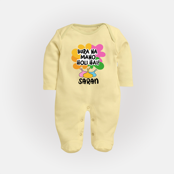 Bura Na Mano Holi Hai Personalized Kids Fullbody Suit - PASTEL YELLOW - New Born (Chest 7.5")