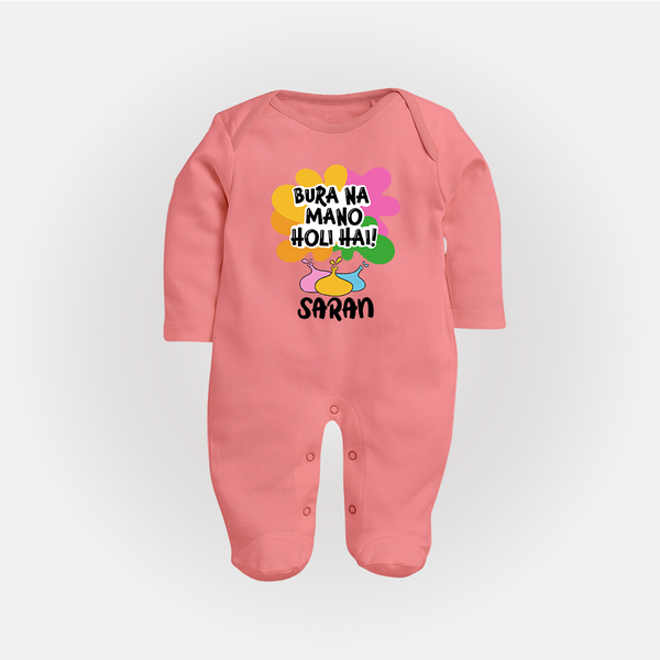 Bura Na Mano Holi Hai Personalized Kids Fullbody Suit - PEACH - New Born (Chest 7.5")