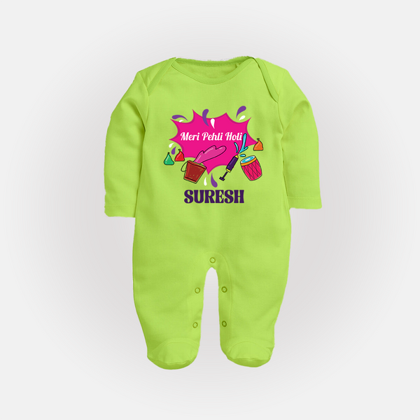 Meri Pehli Holi Customized Name Fullbody Suit - LIME GREEN - New Born (Chest 7.5")