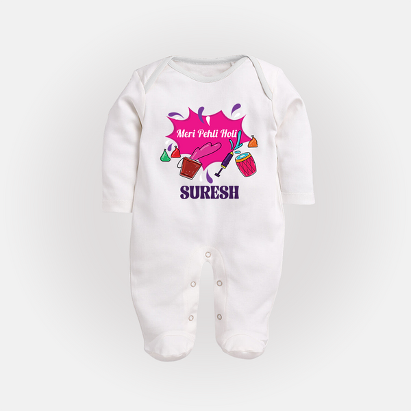 Meri Pehli Holi Customized Name Fullbody Suit - WHITE - New Born (Chest 7.5")