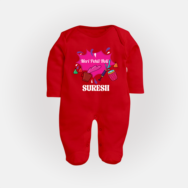 Meri Pehli Holi Customized Name Fullbody Suit - RED - New Born (Chest 7.5")