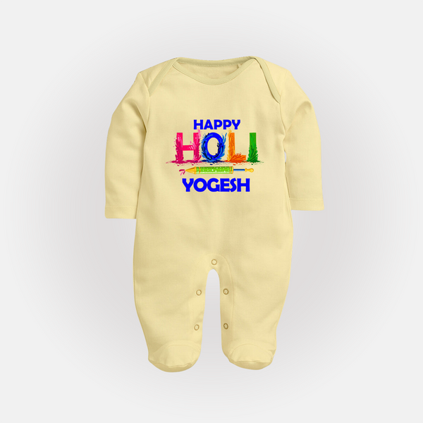 Happy Holi Customized Name Fullbody Suit - PASTEL YELLOW - New Born (Chest 7.5")