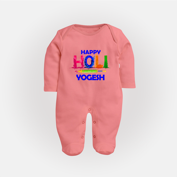 Happy Holi Customized Name Fullbody Suit - PEACH - New Born (Chest 7.5")