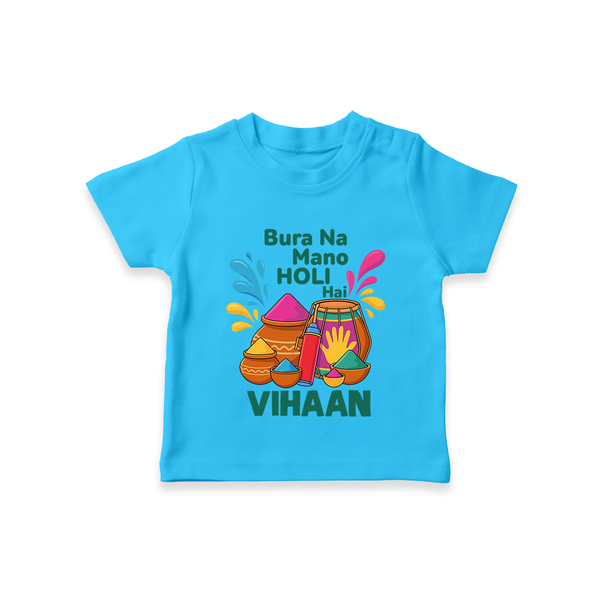 Bura Na Mano Holi Hai Customized Name T-Shirt - SKY BLUE - 0-5 Months Old (Chest 17")