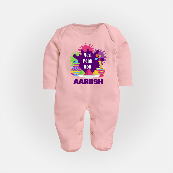 Meri Pehli Holi Personalized Kids Fullbody Suit - BABY PINK - New Born (Chest 7.5")