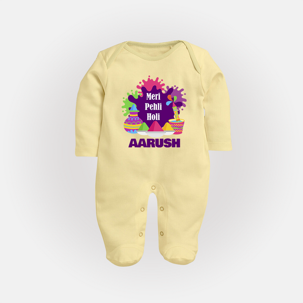 Meri Pehli Holi Personalized Kids Fullbody Suit - PASTEL YELLOW - New Born (Chest 7.5")