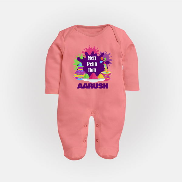Meri Pehli Holi Personalized Kids Fullbody Suit - PEACH - New Born (Chest 7.5")